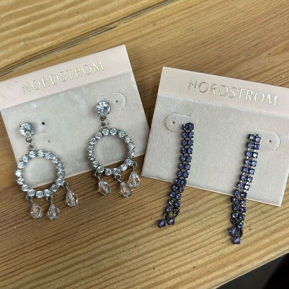 NWT Lot Of 2 Pairs Nordstrom Rhinestone Round Dangle & Linear Drop Earrings Set - Picture 1 of 6